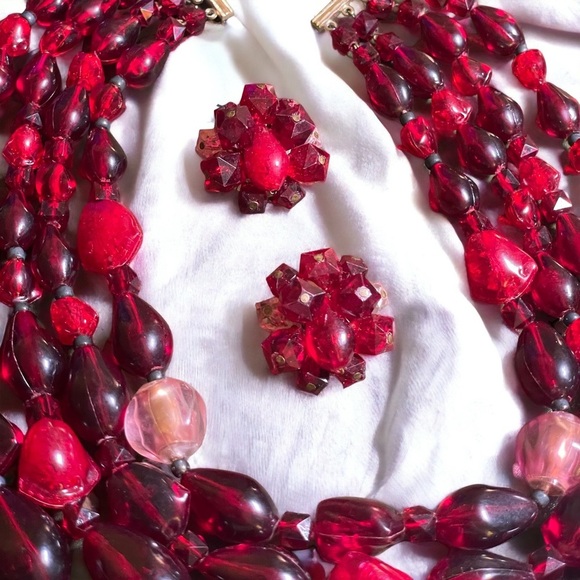 Vintage West Germany Red Lucite Necklace and Earring Set - Picture 3 of 4